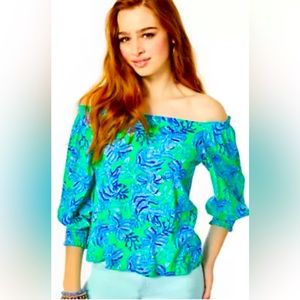 LILLY PULITZER LESSA OFF-THE-SHOULDER TOP CABANA GREEN KEEPIN IT REEL, Size XXS